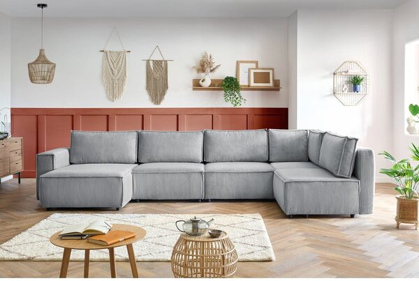 Jasnoszary sztruksowy narożnik (prawostronny/w kształcie litery U) Nihad modular – Bobochic Paris