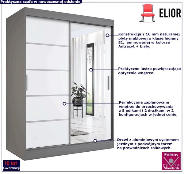 Szafa przesuwna 150 cm antracyt + biały T1-L15