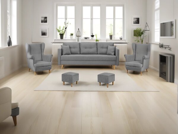 Komplet wypoczynkowy skandynawski do salonu sofa + 2 fotele z podnóżkami Szary