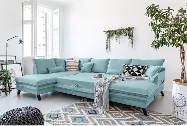Jasnoniebieska rozkładana sofa w kształcie litery "U" Miuform Charming Charlie, lewostronna