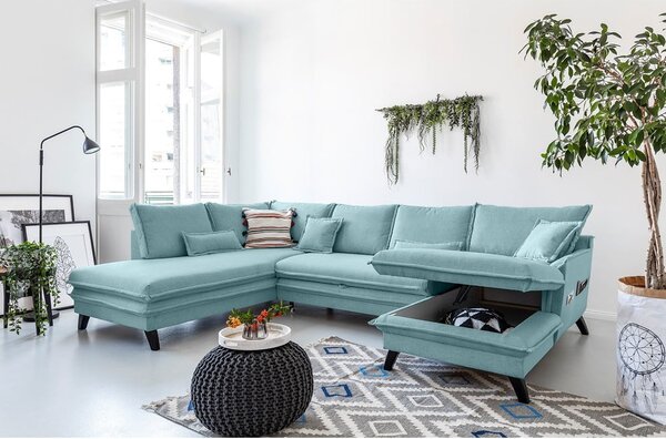Jasnoniebieska rozkładana sofa w kształcie litery "U" Miuform Charming Charlie, lewostronna
