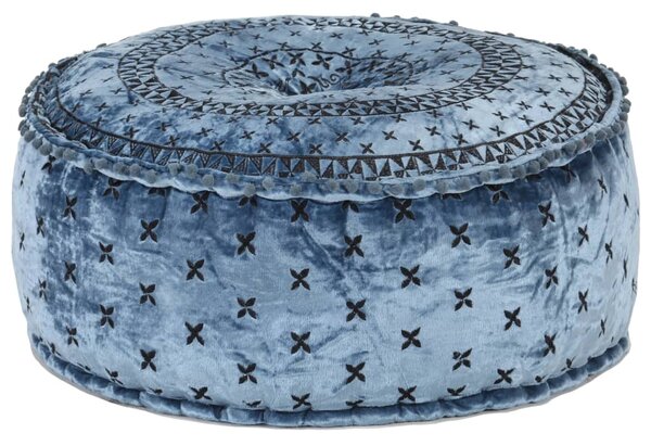 Puf, okrągły, aksamit z haftem, 60x25 cm, niebieski