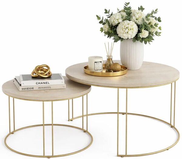 Nowoczesny komplet stolików kawowych złoty + dąb sonoma C0-L73