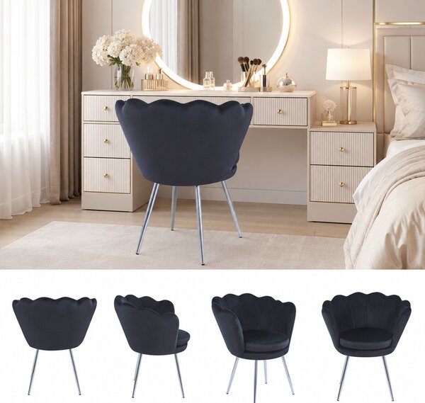 Fotel muszelka SHELL | czarny welur, chromowane nogi