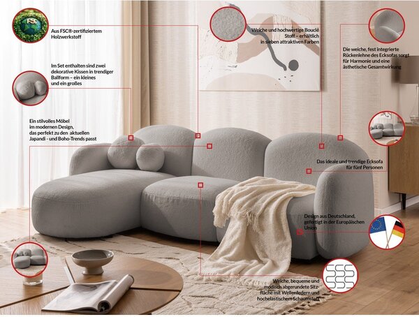 Szary narożnik z materiału bouclé (lewostronny/z szezlongiem) Orbit – Ropez