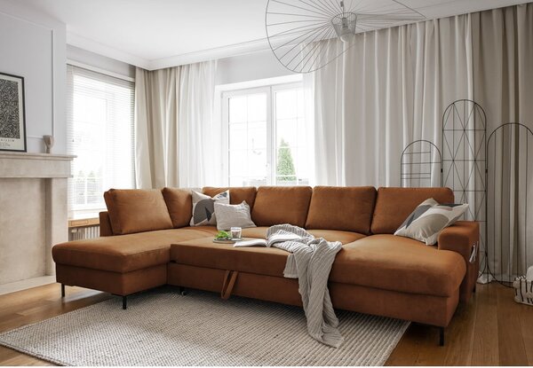 Pomarańczowobrązowy sztruksowy rozkładany narożnik (lewostronny) Lofty Lilly – Miuform
