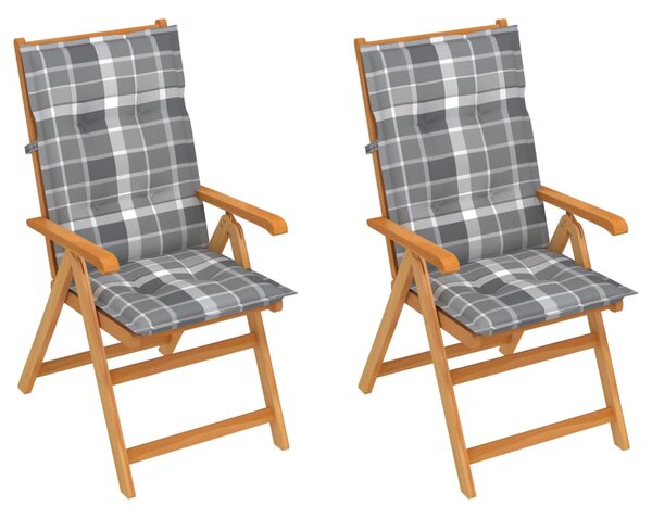Krzesła ogrodowe, 2 szt., z poduszkami w szarą kratę, tekowe