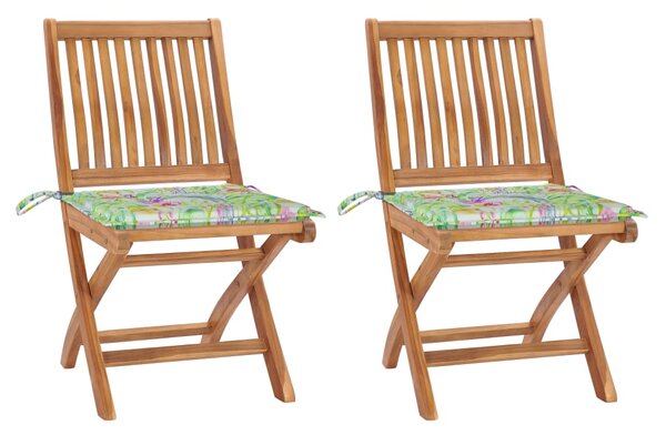 Krzesła ogrodowe, 2 szt., poduszki w liście, lite drewno tekowe
