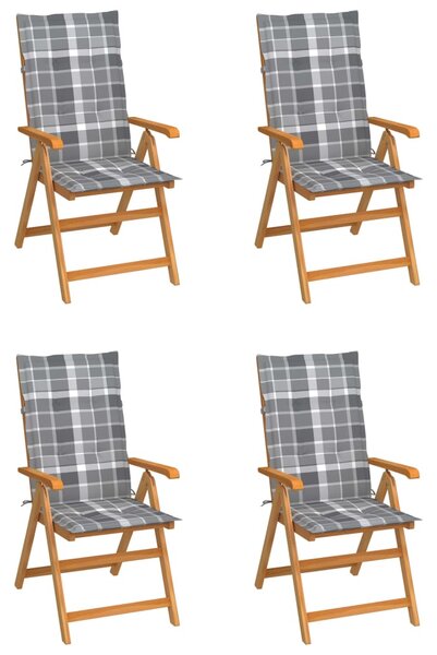 Krzesła ogrodowe, 4 szt., z poduszkami w szarą kratkę, tekowe