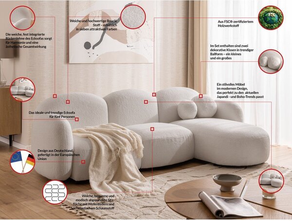 Kremowy narożnik z materiału bouclé (prawostronny/z szezlongiem) Orbit – Ropez