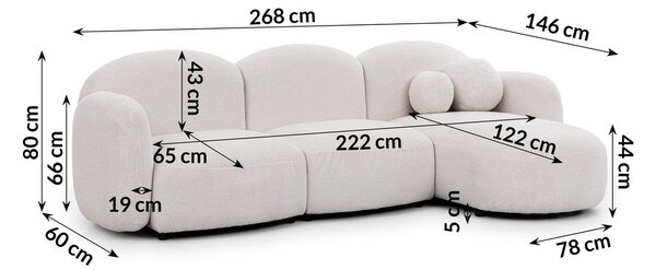 Kremowy narożnik z materiału bouclé (prawostronny/z szezlongiem) Orbit – Ropez
