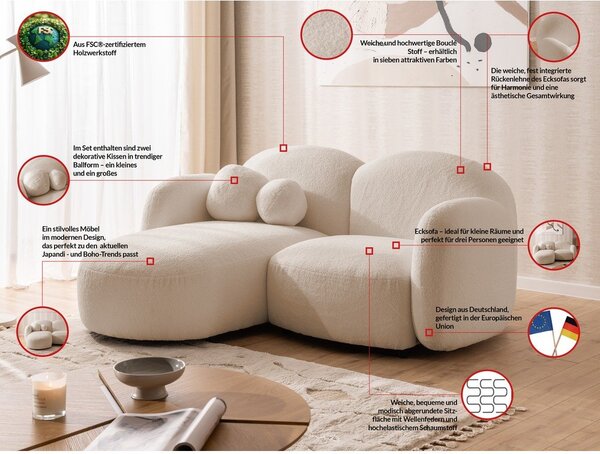 Jasnobrązowy narożnik z materiału bouclé (lewostronny/z szezlongiem) Orbit – Ropez