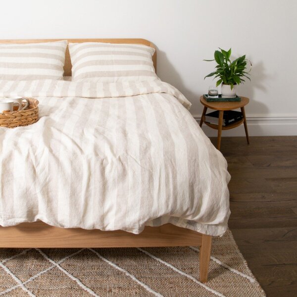 Jasnoszaro-kremowa lniana pościel jednoosobowa 135x200 cm Natural Stripes – Native Natural