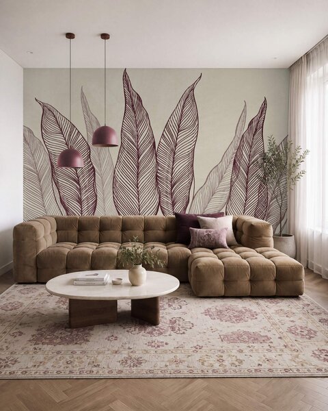 Fototapety Stylizowane liście w kolorze bordowym z misternymi detalami liniowymi na beżowym tle, grafika z, Tapety Wyjątkowe, w10030v1 : Uwalls.pl