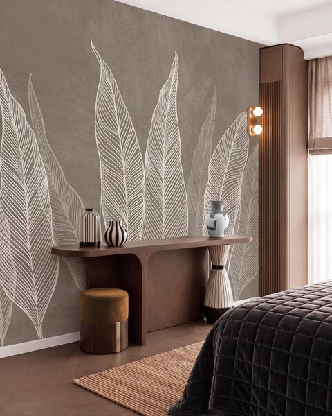 Fototapety Stylizowane białe liście z misternymi detalami linii na brązowym tle, grafika z fakturą, Tapety Wyjątkowe, w10030v4 : Uwalls.pl