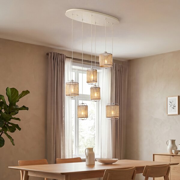 Lampa wisząca Japandi beżowa z materiałowymi kloszami 6-punktowa - Yente
