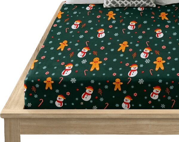 Prześcieradło z mikrofibry SNOWMAN AND GINGERBREAD zielone 90x200 cm