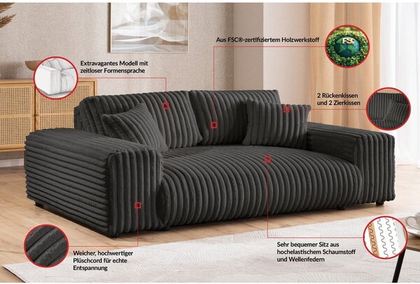 Ciemnoszara sztruksowa sofa 213 cm Justin – Ropez