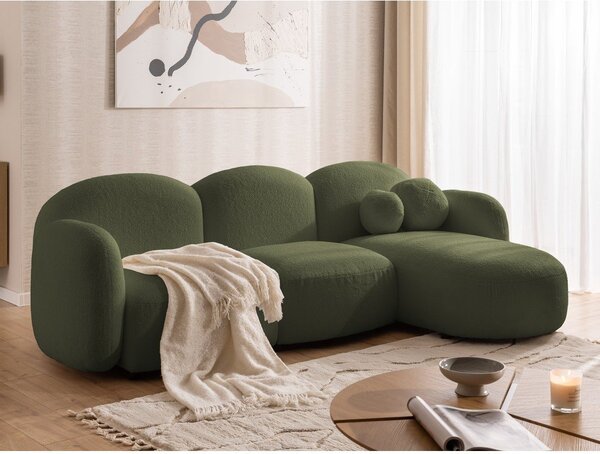 Zielony narożnik z materiału bouclé (prawostronny/z szezlongiem) Orbit – Ropez