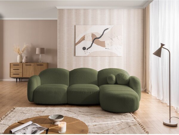Zielony narożnik z materiału bouclé (prawostronny/z szezlongiem) Orbit – Ropez