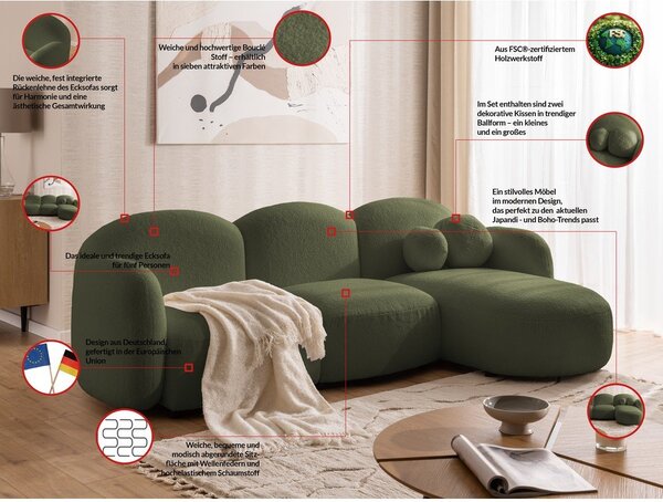 Zielony narożnik z materiału bouclé (prawostronny/z szezlongiem) Orbit – Ropez
