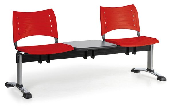 Ławka do poczekalni plastikowa VISIO, 2 siedzenia + stołek, czerwony, chromowane nogi