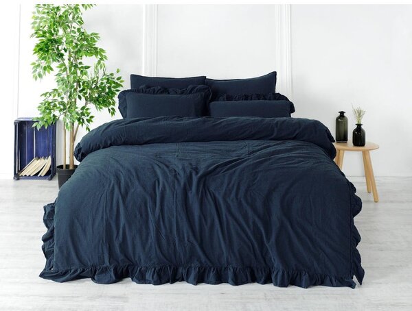 Ciemnoniebieska pościel jednoosobowa z bawełny renforcé 140x200 cm Ruffle Striped – Mila Home Luxury