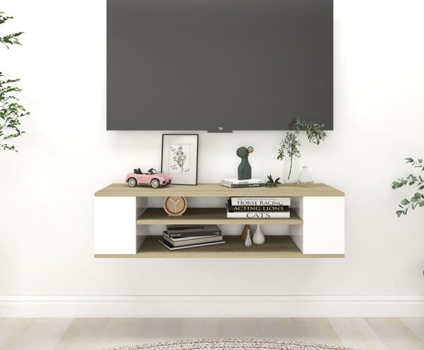 Wisząca szafka TV, biel i dąb sonoma, 100x30x26,5 cm, płyta