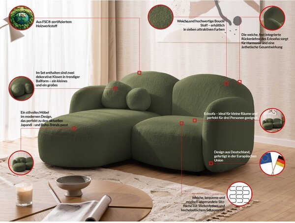 Zielony narożnik z materiału bouclé (lewostronny/z szezlongiem) Orbit – Ropez