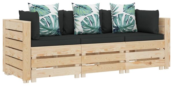 Ogrodowa sofa 3-osobowa z palet, z poduszkami w kwiaty, drewno