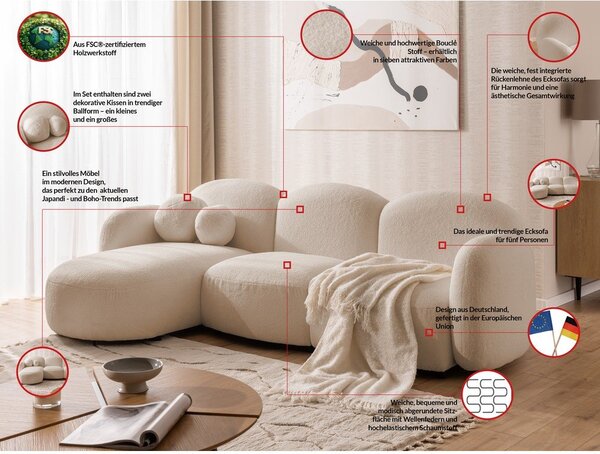 Jasnobrązowy narożnik z materiału bouclé (lewostronny/z szezlongiem) Orbit – Ropez