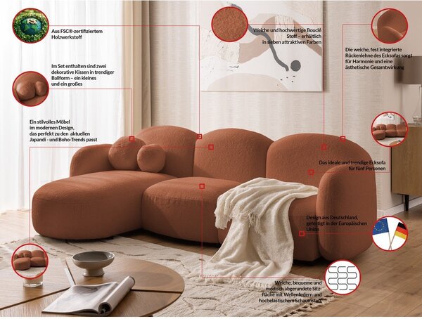 Narożnik z materiału bouclé (lewostronny/z szezlongiem) w kolorze terakoty Orbit – Ropez