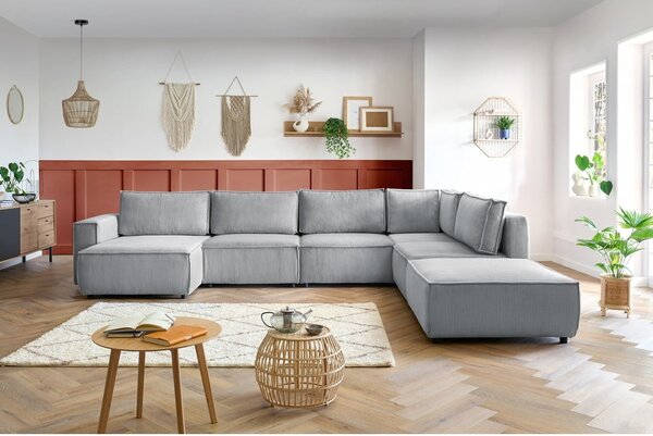 Jasnoszary sztruksowy narożnik (prawostronny/w kształcie litery U) Nihad modular – Bobochic Paris