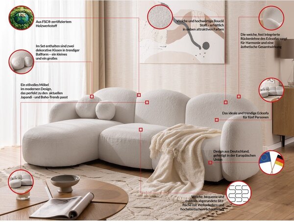 Kremowy narożnik z materiału bouclé (lewostronny/z szezlongiem) Orbit – Ropez