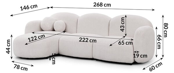 Kremowy narożnik z materiału bouclé (lewostronny/z szezlongiem) Orbit – Ropez