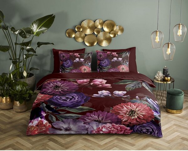 Bordowa pościel jednoosobowa z bawełny organicznej Descanso Gerbera, 140x220 cm