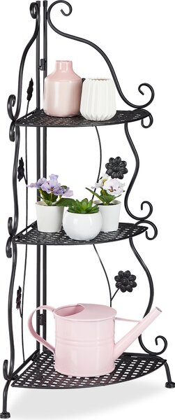 Relaxdays Metalowa półka na kwiaty, 3-poziomowa półka na rośliny, wys. x szer. x gł.: 82,5 x 31 x 31 cm, do użytku wewnątrz i na zewnątrz, narożna półka w stylu retro, czarna