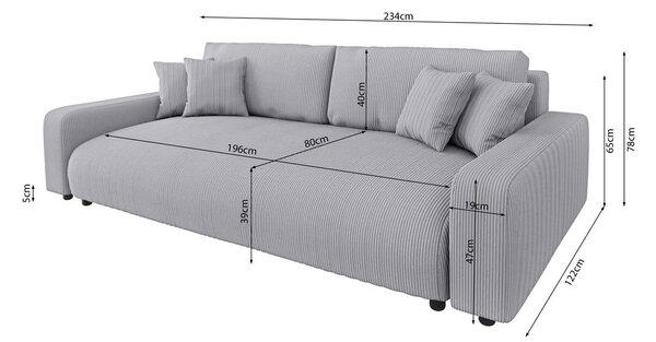 Jasnoszara sztruksowa rozkładana sofa ze schowkiem 234 cm Sara – Ropez