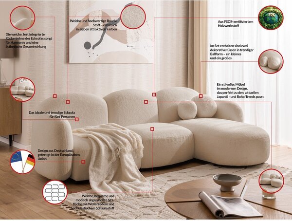 Jasnobrązowy narożnik z materiału bouclé (prawostronny/z szezlongiem) Orbit – Ropez