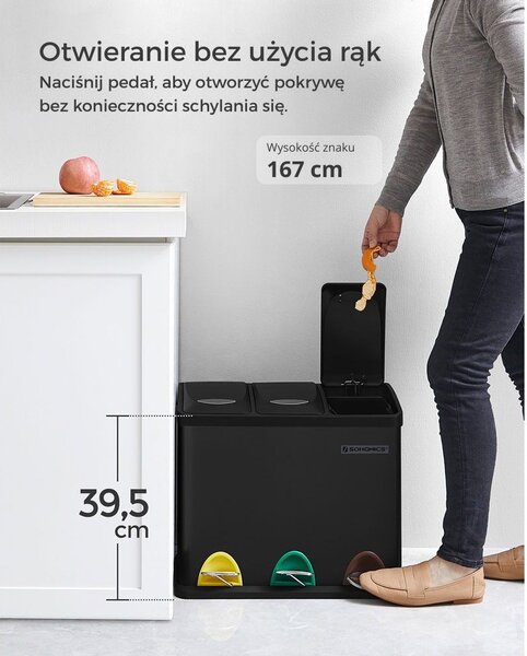Kosz do segregacji odpadów SORT, 24l (3x8l), czarny SongmicsHome