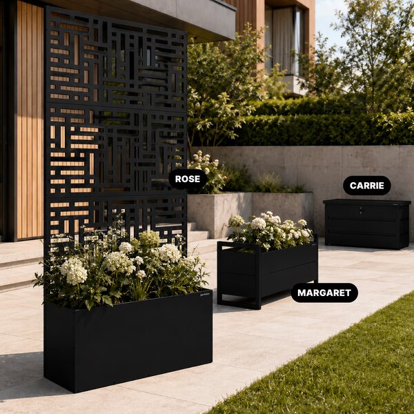 Pergola ogrodowa metalowa z donicą czarna 3in1, 900 × 1800 × 300 mm: ROSE