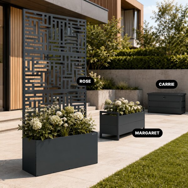 Pergola ogrodowa metalowa z donicą antracytowa 3in1, 900x1800x300 mm: ROSE