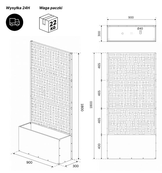 Pergola ogrodowa metalowa z donicą czarna 3in1, 900 × 1800 × 300 mm: ROSE