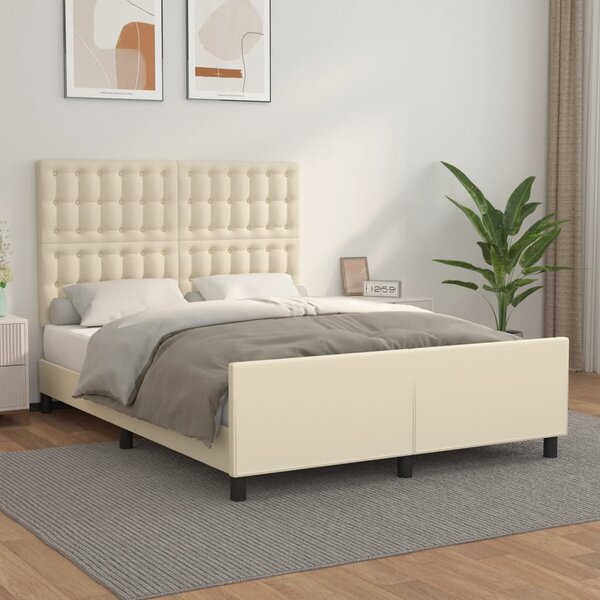 Rama łóżka z zagłówkiem, kremowa, 140x190 cm, sztuczna skóra