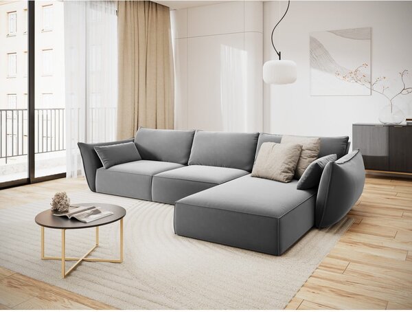 Jasnoszary aksamitny narożnik (prawostronny/z szezlongiem) Vanda – Mazzini Sofas