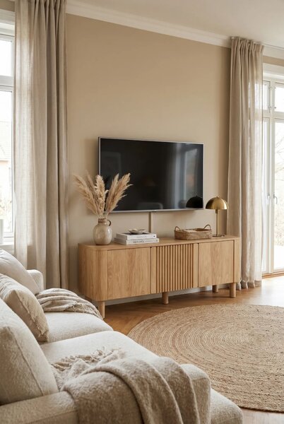 Ryflowana szafka RTV na nóżkach 150 cm dąb hikora B4-K76