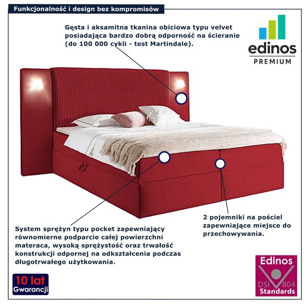 Czerwone łóżko kontynentalne z oświetleniem 4 rozmiary F2-K13