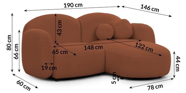 Narożnik z materiału bouclé (prawostronny/z szezlongiem) w kolorze terakoty Orbit – Ropez