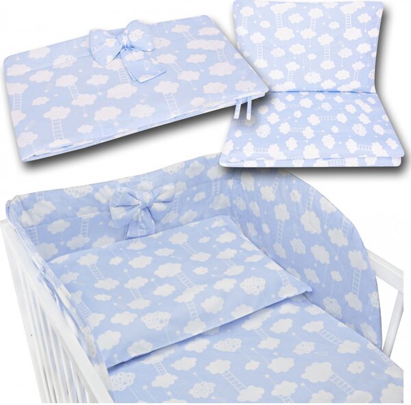 Bawełniana Pościel Do łóżeczka Dziecięcego - Błękitny W Białe Chmurki Z Drabinką - 135x100