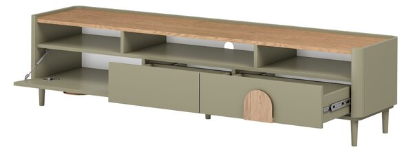Szafka RTV Amilio 200 cm z szufladami na nóżkach - eukaliptus / dąb baltic dune / uchwyty dąb naturalny